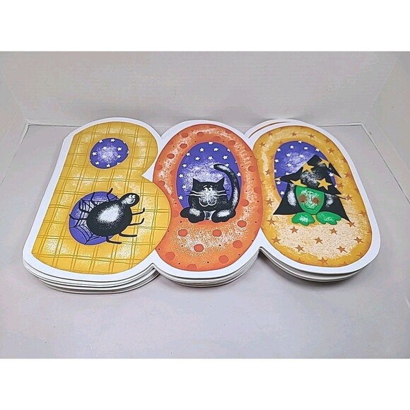 Vintage Halloween Vinyl Placemats Set Of 14 Decor Whimsy Spider Cat Witch 1990s - Picture 1 of 4